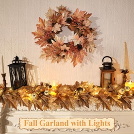 6 FT Fall Garland with Lights Timer Function Autumn Fall Leaves Garland with Berries Pine Cones Pumpkins Realistic Automatic ON/Off Timer Fall Decorations for Home Mantle Fireplace Porch Door Table