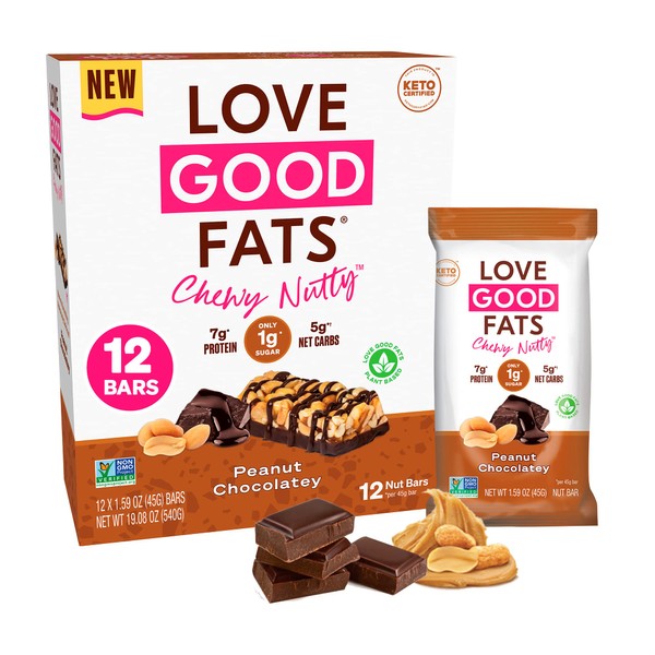 Love Good Fats Plant-Based Keto Protein Snack Bars - Chewy Nutty Peanuts and Dark Chocolate - 13g Good Fats, 7g Protein, 5g Net Carbs, 1g Sugar, Gluten-Free, Non GMO - Peanut Butter Chocolatey, 12 Pack