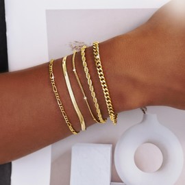 Picuzzy Gold Bracelets for Women, Dainty 14K Gold Bracelet for Women Trendy Layered Waterproof Thin Bracelets Satellite Rope Figaro Cuban Snake Chain Adjustable Jewelry Set Gifts for Women