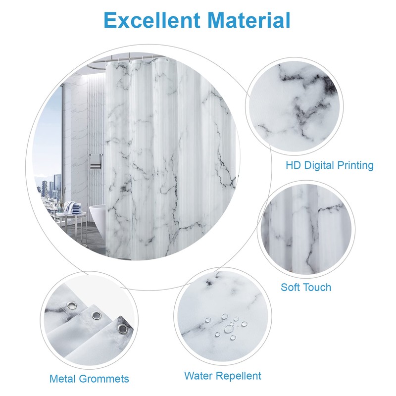 Grey White Marble Shower Curtain Set with 12 Hooks, Abstract