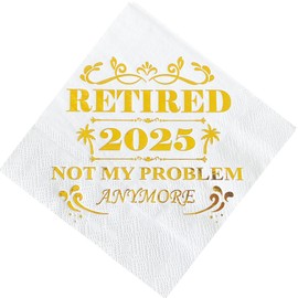 Retired 2025 Cocktail Napkins, 50 Pack 3-Ply Retirement Party Decorations Supplies, White & Gold Disposable Napkins for Farewell,Coworker Goodbye & Going Away Celebration (5"x5")