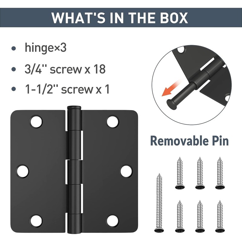 HOSOM 3 Pack Matte Black Door Hinges 3.5 Inch with