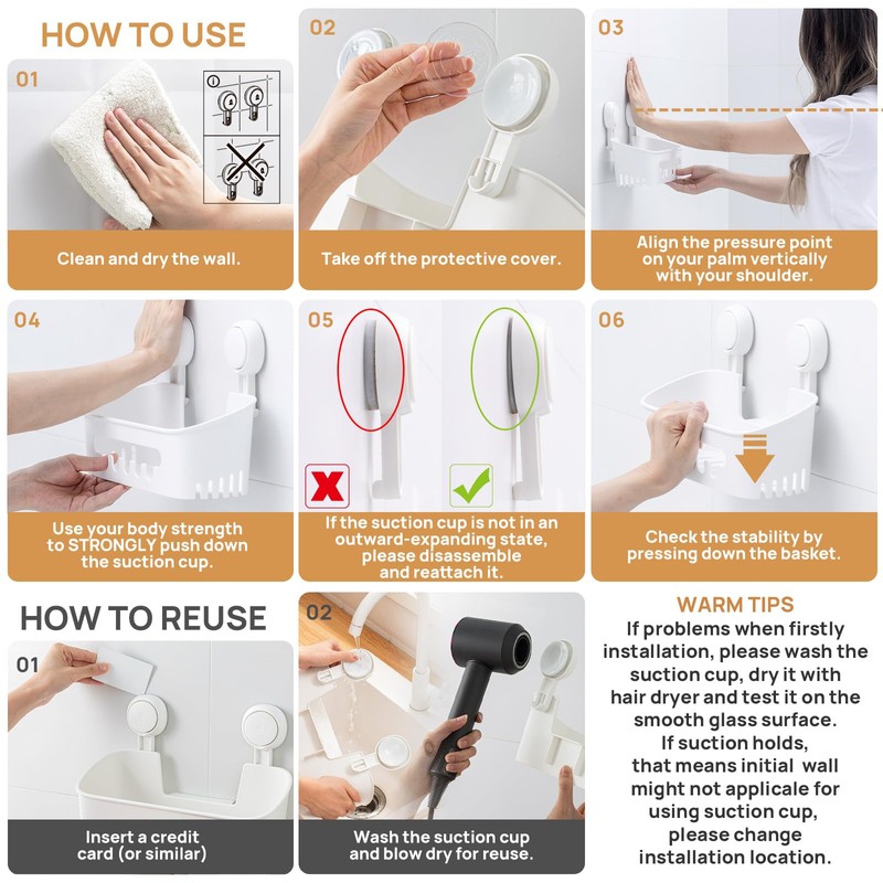 LEVERLOC Shower Caddy Suction Cup 2 Pack, Shower Organizer Removable