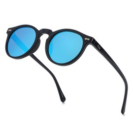 NIDOVIX Vintage Polarized Sunglasses for Men Women Round Retro Classic Fashion Eyewear UV400 Protection Sun Glasses (Black/Blue Mirror)