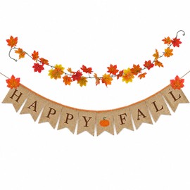 Happy Fall Burlap Banner with Maple Leaf Garland