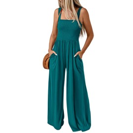 KIRUNDO Womens Jumpsuit 2024 Summer Casual Loose One Piece Overalls Smocked Sleeveless Wide Leg Rompers With Pockets(Peacock Blue, Medium)