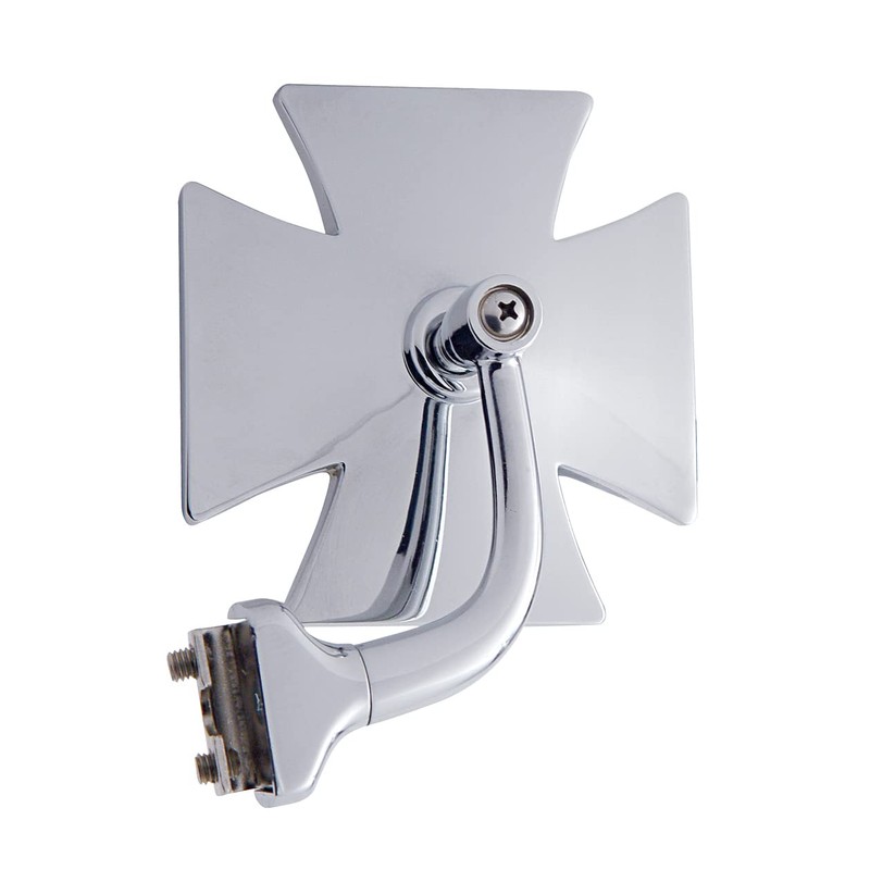 United Pacific-M1006 Chrome Iron Maltese Cross Style Mirror w/Curved Mounting