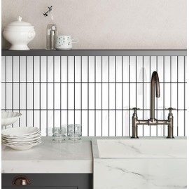 COMSTICKC White Peel and Stick Backsplash,10 Pcs 12''x12'',Glossy White Peel and Stick Tiles Kitchen Backsplash Bathroom, Renter Friendly Adhesive Backsplash Waterproof, Black Grout