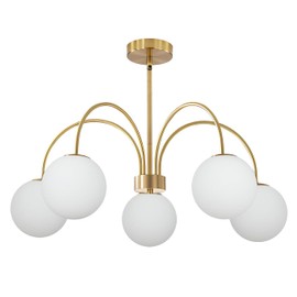 BOKT Mid Century Modern Gold Chandelier Large 5 Light White Globe Sputnik Chandelier Height Adjustable Milk Glass Hanging Pendant Lights Kitchen Island Vintage Dining Room Brass Ball Chandelier