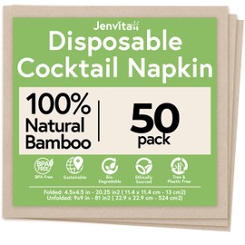 Jenvita 100% Bamboo Disposable Cocktail Napkins (50-Pack) | 2-Ply FSC Certified | Biodegradable Drink Napkins for Party, Home or Commercial Use | 4.5 x 4.5 Inch Folded | Ideal for Serving Drinks
