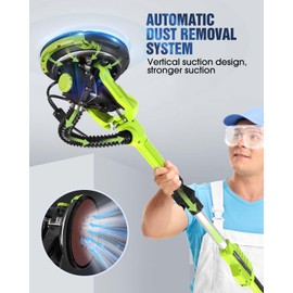 MYTOL Drywall Sander, 7.2A Electric Drywall Sander with Vacuum Dust Collection, 6 Variable Speed 900-1800RPM, LED Light, Foldable & Extendable Handle, 9 Pcs Sandpaper&3 Pcs Grid Sandpaper, Full Green