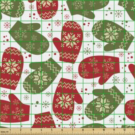 Ambesonne Christmas Fabric by The Yard, Xmas Theme Winter Mitten with Snowflakes and Nordic Roses Print, Decorative Fabric for Upholstery and Home Accents, 1 Yard, Green Red and White