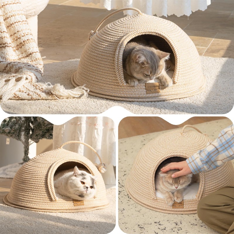 Cat Cave Bed with Washable Cushion and Ball, Handwoven Cotton