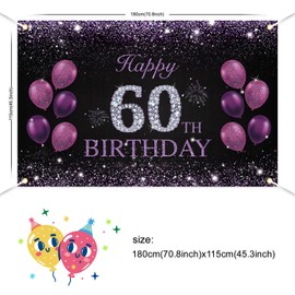 JOYKY Happy 60th Birthday Banner, Purple Happy 60th Birthday Party Decorations for Women Her, 60 Year Old Birthday Supplies Backdrop Décor, 5.9 X 3.8 Fts
