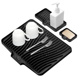 TIKNIK Silicone Dish Drying Mat for Kitchen Counter, Dish Drying Pad, Non-Slip Drain Pad with Built-in Drain, Heat Resistant Stone Drying Mat, 3 pcs (Black)