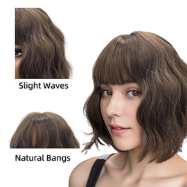 ORAVISTA Short Brown Bob Wig with Bangs, Curly Wavy Dark Hair for Women, Heat Resistant Wigs Human Hair Mixed Synthetic for Daily, Party, Holiday Use