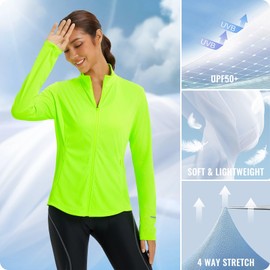 BALEAF Women's Lightweight Cycling Jacket Full Zip Long Sleeve Athletic Shirts UPF 50+ Pockets Running Fluorescent Green S
