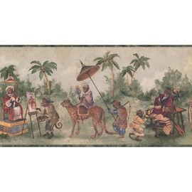 CONCORD WALLCOVERINGS ™ Wallpaper Border Tropical Pattern Monkey Village Jungle Cheetah Plants for Living Room Cottage, Green Grey Brown, 15 ft by 10 in LH2116B