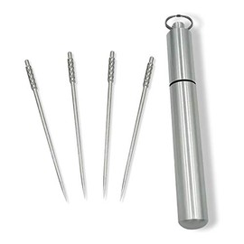 Juego de 4 palillos de dientes de titanio con soporte de palillos de dientes de acero inoxidable para llavero, portátil, no tóxicos, palillos de dientes reutilizables, ideal para camping, púas de