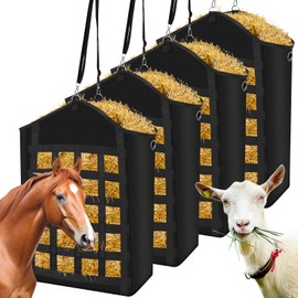 LeadGoods Hay Bags for Horses, 4pcs Slow Feed Hay Bags for Horses, Goats, Sheep, Donkey, Premium Oxford Hay Feed Bags with Front Hay Nets Design, Easy to Fill and Hang with Large Opening - Black