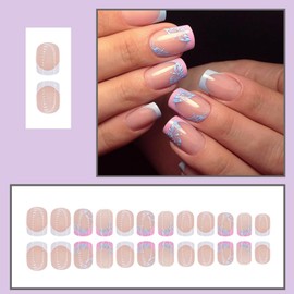 French Tip Press on Nails Coffin Fake Nails with Blue Flower Design Glossy Shiny Stick on Nails Reusable Full Cover Artificial Acrylic False Nails Glue Nails Press on Nails for Women Girls 24Pcs