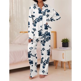 Ekouaer Womens 2 Piece Silk Satin Pajama Set Long Sleeve Lounge Sets Button Down Shirts and Pants PJs Soft Sleepwear Sets Blue Flower S