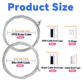 40Pcs Bike Brake Cable Kit, Universal Bicycle Brake Cable Set for Mountain Bike, including Brake Cable, Shifter Cable, O-Rings, Brake and Shift Cable End Caps, Silver Cable End Caps