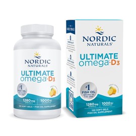 Nordic Naturals Ultimate Omega D3 1280 mg Omega 3 con Vitamina D3 por Porción Sabor Limón 120 Cápsulas Blandas 60 Porciones Suplemento Alimenticio Aceite de Pescado Alta Concentración No GMO