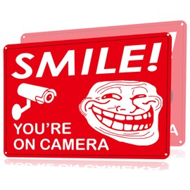 1step2dream 2-Pack Smile Your on Camera Signs |Humor and Funny Meme Design |Signs Glow In The Dark |.040 Mil Rust Free Aluminum 10×7 in, Surveillance Sign for Business, Driveway Alert, CCTV