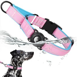 Airtag Dog Collar with Martingale Design, IP68 Waterproof Air Tag Dog Collar Holder, Adjustable Reflective Soft Padded Nylon Dog Collar for Large Medium Small Dogs, Pink