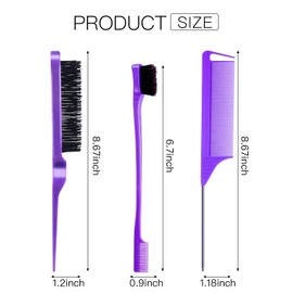 Sleek Bun Brush for Sleek Braid, Pack of 3 Edges Brush, Teasing Brush, Hair Brush, Bristle Comb, Baby Hair Brush, Toupee Brush, Baby Hair, Suitable for Hairdresser, Lady, Baby, Child (Purple)