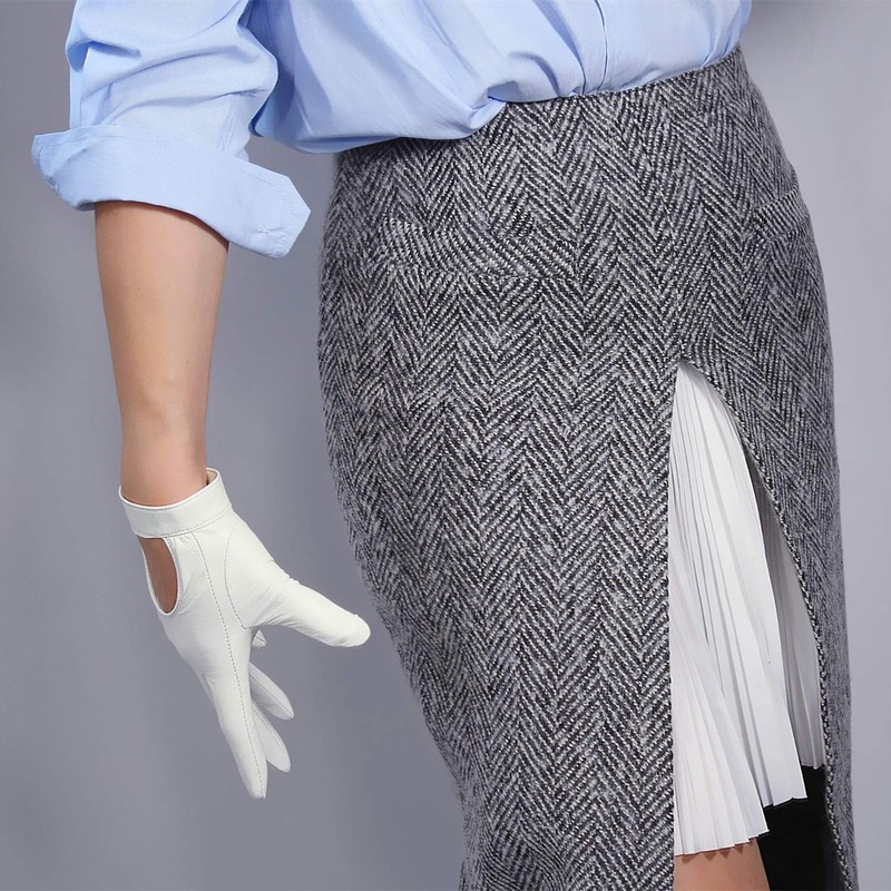 DooWay Women Real Leather Driving Gloves White Open Back Touchscreen