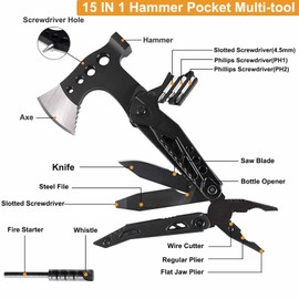 15 in 1 Camping Multi-Tool,Perfect for Men, Fathers, and Husbands,Upgraded Survival Equipment with Axe,Hammer,Pliers,Saw,Screwdriver,Bottle Opener,Whistle and Portable Sheath