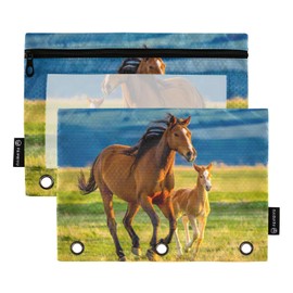 JIPONI Beautiful Horses on Summer Field Pencil Pouch for 3 Ring Binder, 2 Pack Zipper Binder Pencil Pouch with Clear Window Pencil Bag for School Office Supplies