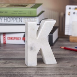 Creative Home Natural Marble Stone Letter K Bookends Paper Weight Office Shelf Organizer Table Top Decorative Piece, 4" W x 5.9" H, 1.5" D, Off-White