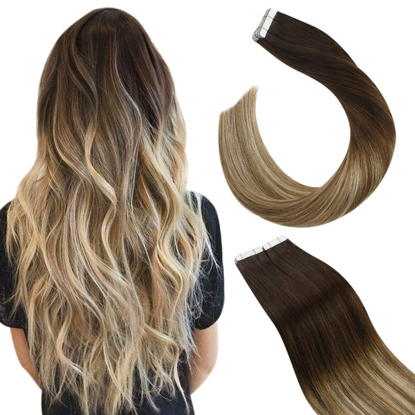 Ugeat Tape in Brown Hair Extensions Human Hair 22 Inch Tape in Remy Hair Extensions Natural Hair Seamless PU Skin Weft Tape in Human Hair Extensions #4 Brown to #6 Brown with #613 Blonde
