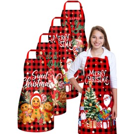 Bencailor 4 Pcs Christmas Aprons Set Santa Snowman Xmas Tree Kitchen Aprons Waterproof Christmas Red Green Cooking Aprons for Women Men(Red Black,Xmas Gnomes)