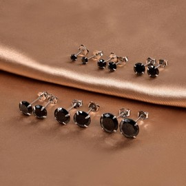 SILBERTALE 4/5/6 Pairs 925 Sterling Silver Black Cubic Zirconia Stud Earrings Set 3-8 mm for Men Women, Sterling Silver