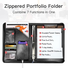 NEWYES 3 Ring Binder Portfolio Organizer,Zippered Padfolio with Pocket,Professional Leather Business Organizer,Gifts for Women and Men(Black)