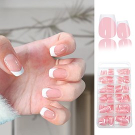 240 Pcs Pink French Tip Short Press on Nails Kit, Glossy Square Fake Nails with Nail Glue, Stick on Nails for Girls Women, DIY Home Manicure Set 20