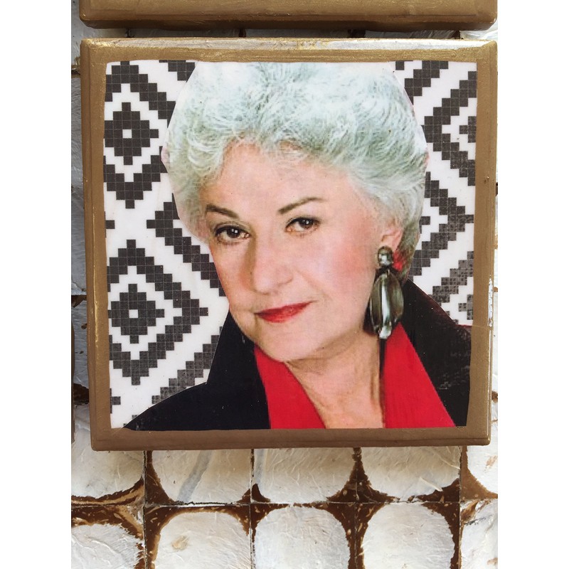 Golden Girls coasters with abstract backgrounds and gold trim