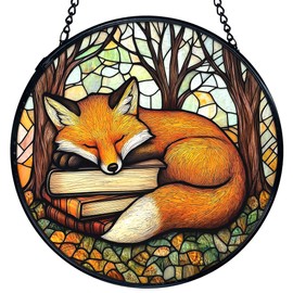 Fox Stained Glass Window Hanging, Book Lovers Sun Catchers Indoor Window Glass Round Wall Art Decor, Book Lovers Reader Gifts, Bookish Fox Wild Animal Wall Hanging Decorations, 7.9＂x7.9＂