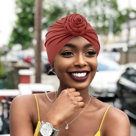 DRESHOW 5 Pieces African Turban for Women Soft Pre-Tied Knot Fashion Pleated Turban Hat Head Wrap Sleep Cap, White Khaki Pink Grey Rust Red