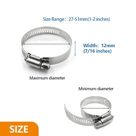 12Pcs-Hose Clamp,304 Stainless Steel Hose Clamps, Adjustable 27-51mm (4/5 to 1-5/9 inch) Range Hose Clips,Worm Gear Hose Clamp Fuel Line Clamp for Plumbing/Automotive/Mechanical Application