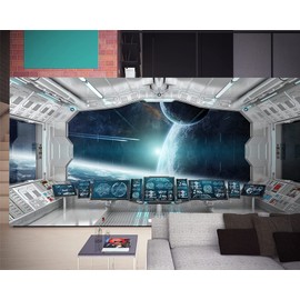 FLFK Spaceship Interior View Self-Adhesive Wallpaper 3D Universe Workshop Outer Space Wallpaper Science Explore Station Wall Murals for Kids Bedroom Nursery Wallpaper 141.7"x98.4"