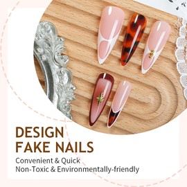RUOKEXIN French Tip Press on Nails Long Stiletto Fake Nails Fall False Nails with Gold 3D Star Designs Brown Sparkly Acrylic Artificial Nails Almond Nail Press ons for Women 24Pcs