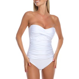 Ocean Blues Women’s Bandeau One Pieces Molded Cups Shirring Tummy Control Bathing Suit White Size Small
