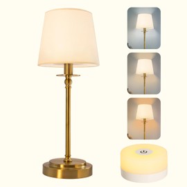 virlvhor Classic Cordless Table Lamp Modern Bedsides Night Lamp, Drum Shade 3-Color Table Lamp Stepless Dimming, Whit Long Rechargeable Battery Life for Home Décor, Gold