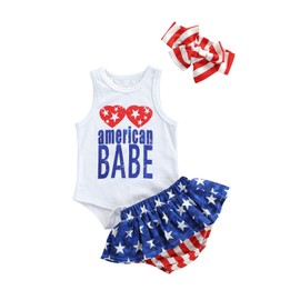 Infant Baby Girl 4th of July Outfit Sleeveless Romper Top American Flag Ruffle Shorts Headband Independence Day Clothes (White, 0-6 Months)