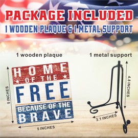 July 4th Retro Wood Plaque With Iron Stand - Home Of The Free Because Of The Brave - 4"x4" Wooden Block Sign, Patriotic Desk Signs, Shelf & Tabletop Decorations, America Memorial Day Supplies - E05